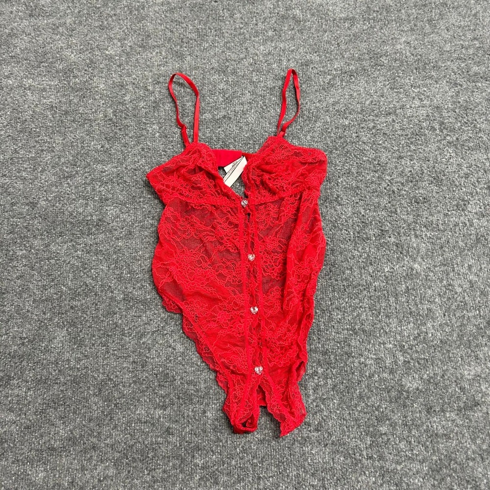 Victoria's Secret Bodysuit Womens Size M Red Sheer Lace Heart Rhinestone Sexy